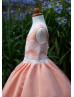 Scoop Neck White Lace Coral Satin Corset Back Flower Girl Dress